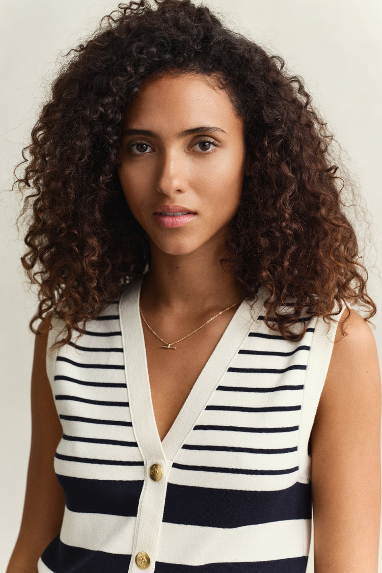 Bawełniany bezrękawnik damski w paski z dekoltem V slim fit biały