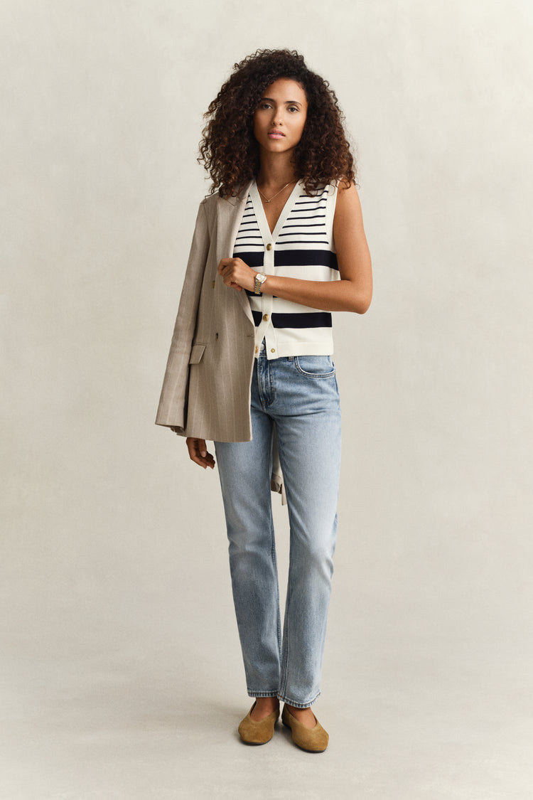 Bawełniany bezrękawnik damski w paski z dekoltem V slim fit biały