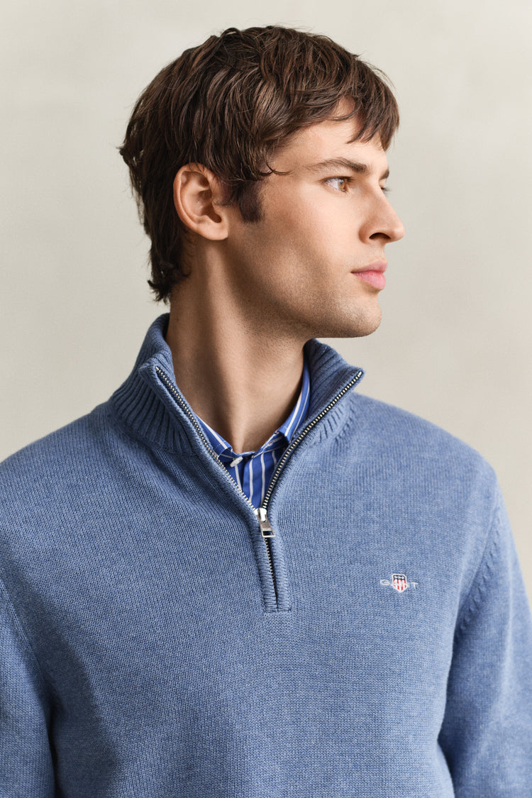 Bawełniany sweter męski z zamkiem do połowy regular fit niebieski