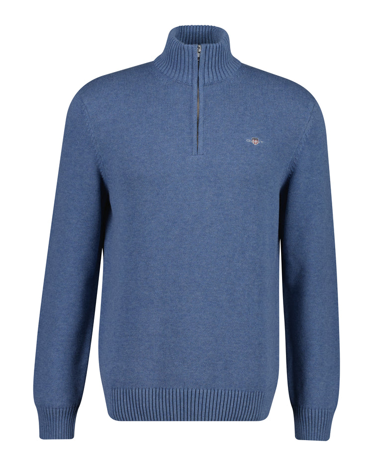 Bawełniany sweter męski z zamkiem do połowy regular fit niebieski