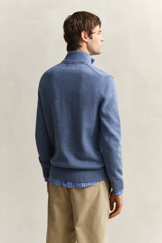 Bawełniany sweter męski z zamkiem do połowy regular fit niebieski