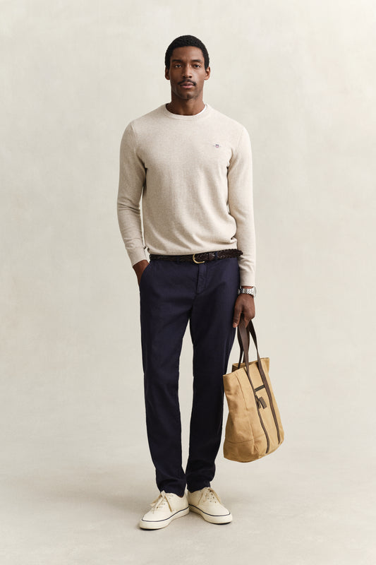 Bawełniany sweter męski z okrągłym dekoltem regular fit beżowy