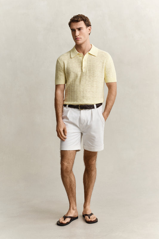 Sweter męski z kołnierzykiem polo z krótkim rękawem regular fit żółty