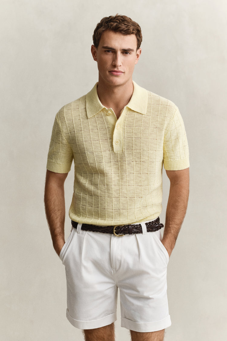 Sweter męski z kołnierzykiem polo z krótkim rękawem regular fit żółty