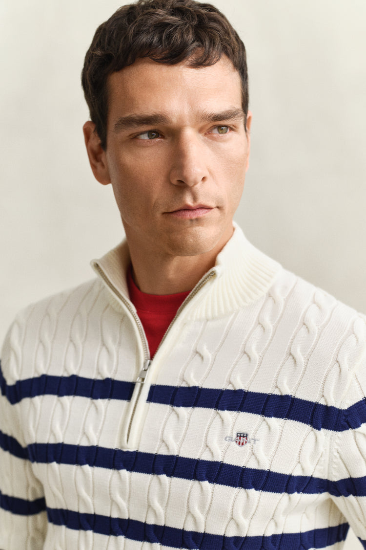 Bawełniany sweter męski w paski z zamkiem do połowy regular fit