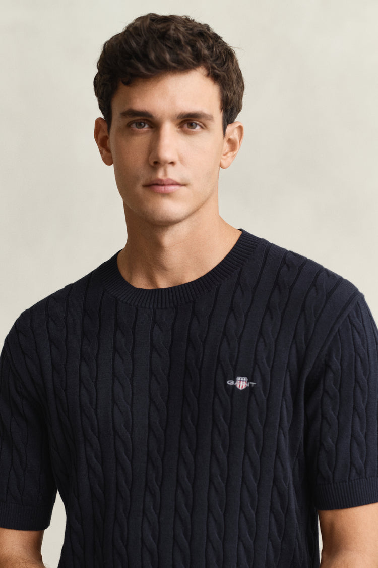 Bawełniany sweter męski z okrągłym dekoltem i krótkim rękawem regular fit