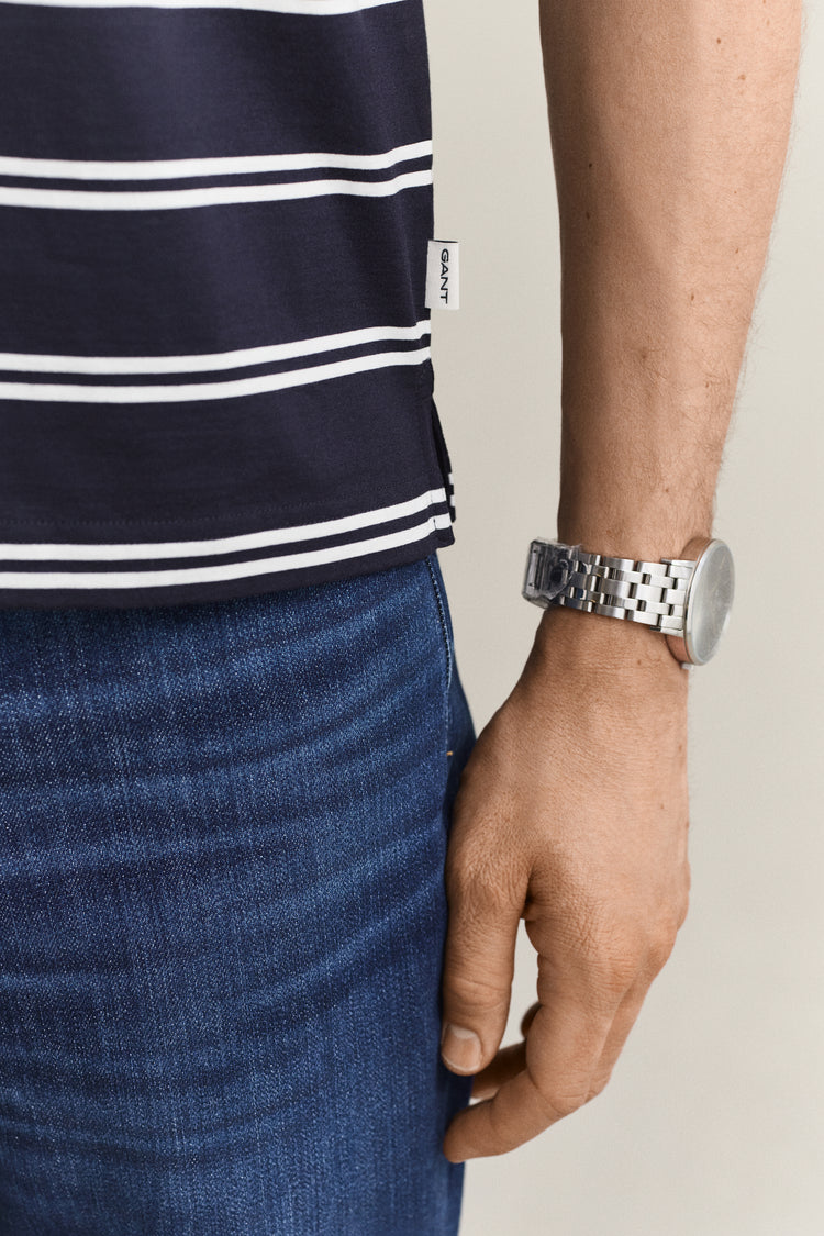 Koszulka polo z bawełny pima męska w paski regular fit granatowa