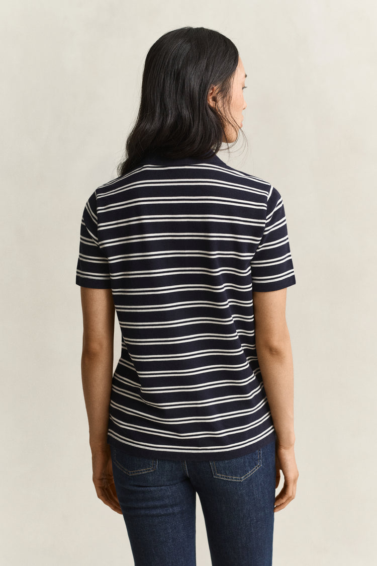 Koszulka polo damska w paski regular fit granatowa