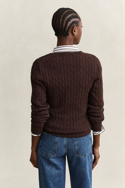Sweter damski z dekoltem V z długim rękawem slim fit brązowy