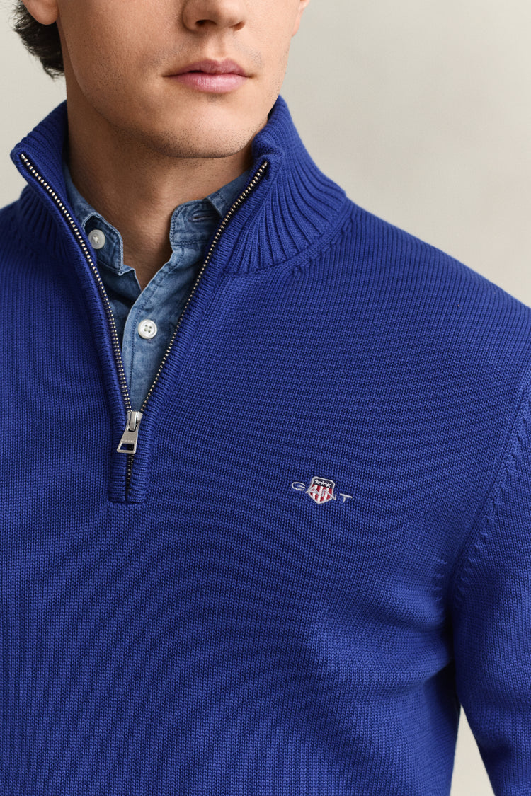 Bawełniany sweter męski half zip niebieski