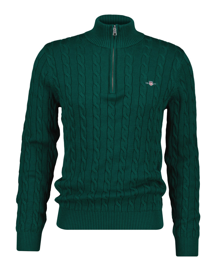 Bawełniany sweter męski w warkocze half zip zielony