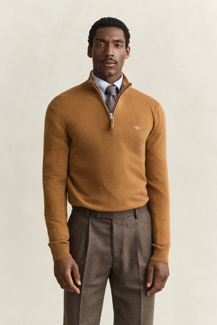 Sweter z wełny jagnięcej męski regular fit brązowy
