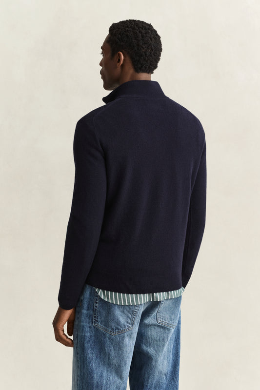 Sweter z wełny jagnięcej męski okrągły kołnierzyk regular fit granatowy