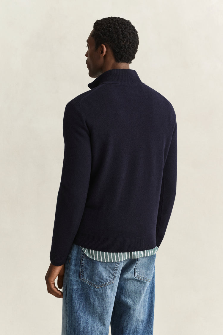 Sweter z wełny jagnięcej męski okrągły kołnierzyk regular fit granatowy