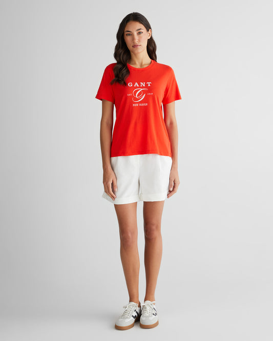 Bawełniana koszulka damska z nadrukiem regular fit pomarańczowa