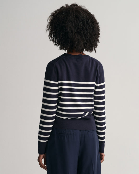 Bawełniany sweter damski w paski regular fit granatowy