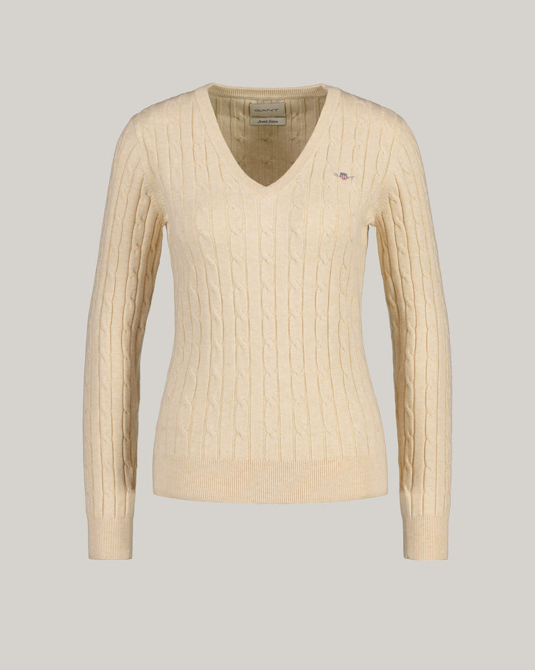 Sweter z elastycznej bawełny o splocie warkoczowym z dekoltem w kształcie litery V