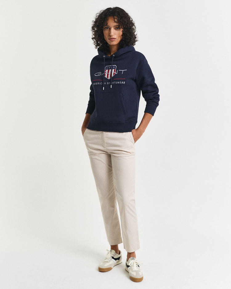 Bluza damska z nadrukiem z kapturem relaxed fit granatowa