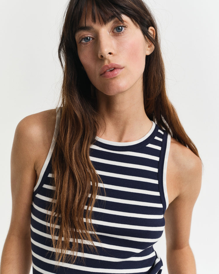 Koszulka damska w paski bez rękawów z okrągłym kołnierzykiem regular fit