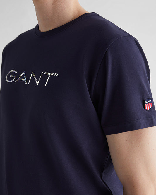 Bawełniana koszulka męska z nadrukiem regular fit granatowa