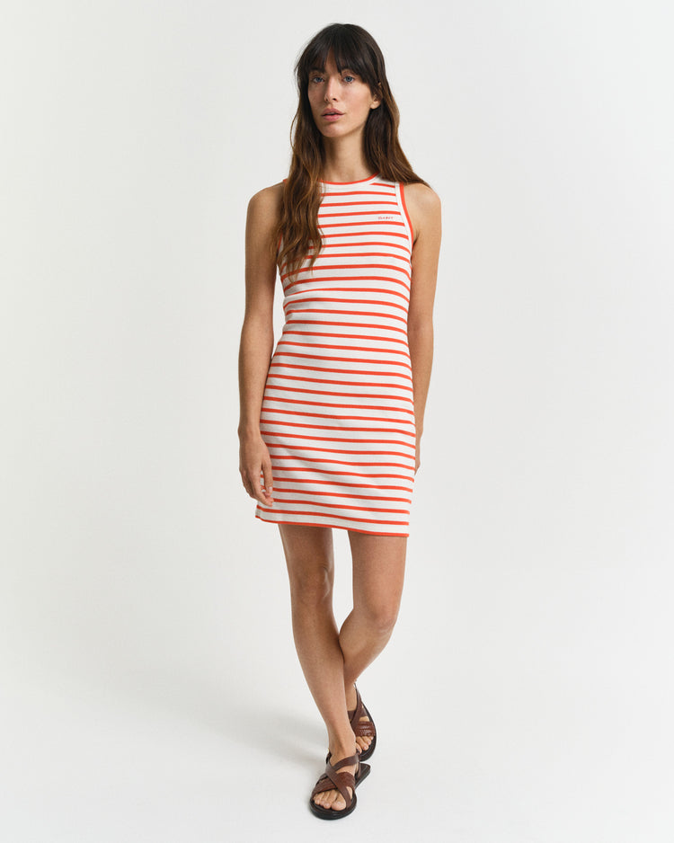 Sukienka damska w paski bez rękawów z okrągłym kołnierzykiem slim fit