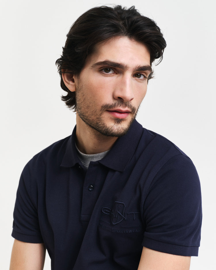 Koszulka polo męska z nadrukiem regular fit granatowa