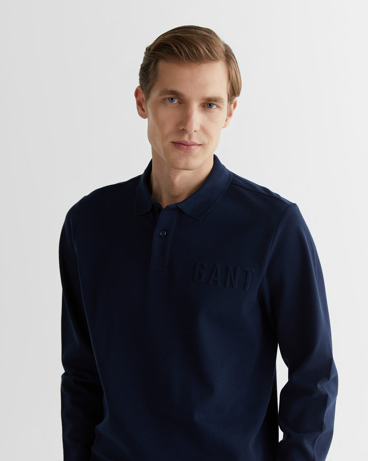 Polo męskie z nadrukiem z długim rękawem regular fit granatowe