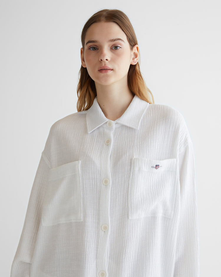 Koszula damska w paski z długim rękawem oversize fit biała