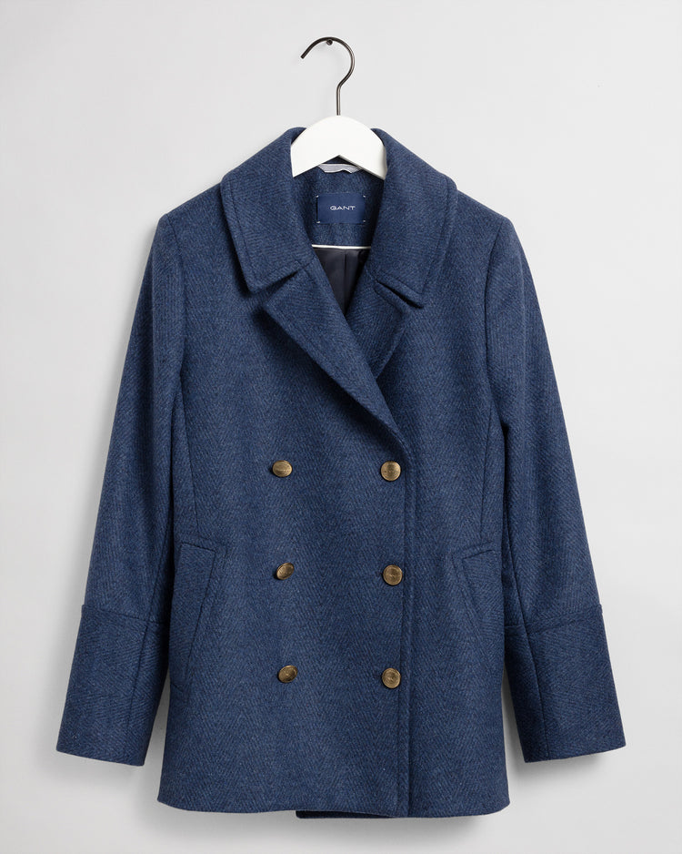 Krótki płaszcz damski z klasycznym kołnierzem regular fit granatowy