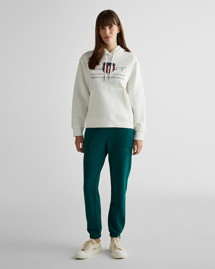 Bluza damska z nadrukiem z kapturem relaxed fit kremowa