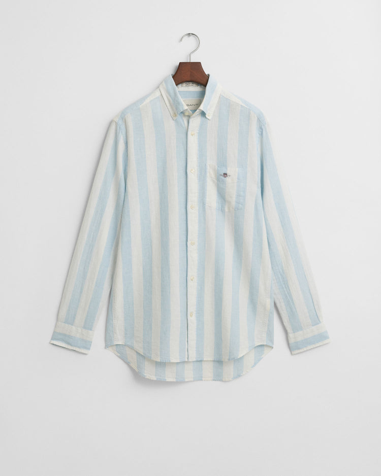 Męska niebieska koszula regular fit w szerokie pasy z mieszanki lnu i bawełny