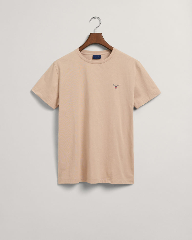 Męski beżowy t-shirt o regularnym kroju z okrągłym dekoltem