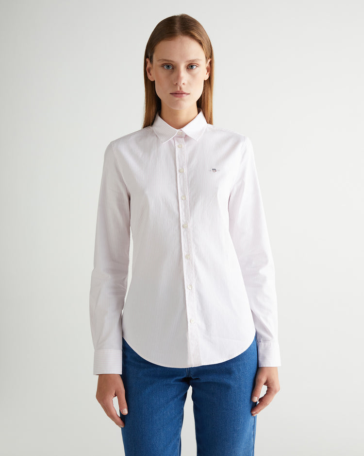 Koszula damska w paski z długim rękawem slim fit różowa