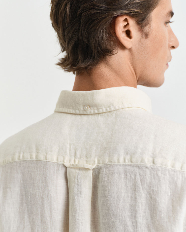 Męska beżowa lniana koszula regular fit z krótkim rękawem