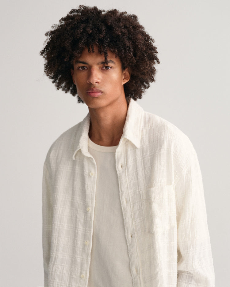 Bawełniana koszula męska w kratkę długi rękaw relaxed fit biała