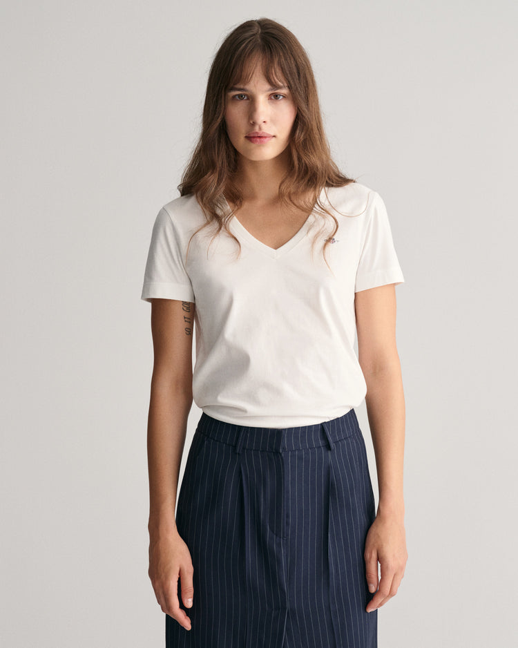 Bawełniana koszulka damska z dekoltem V regular fit biała