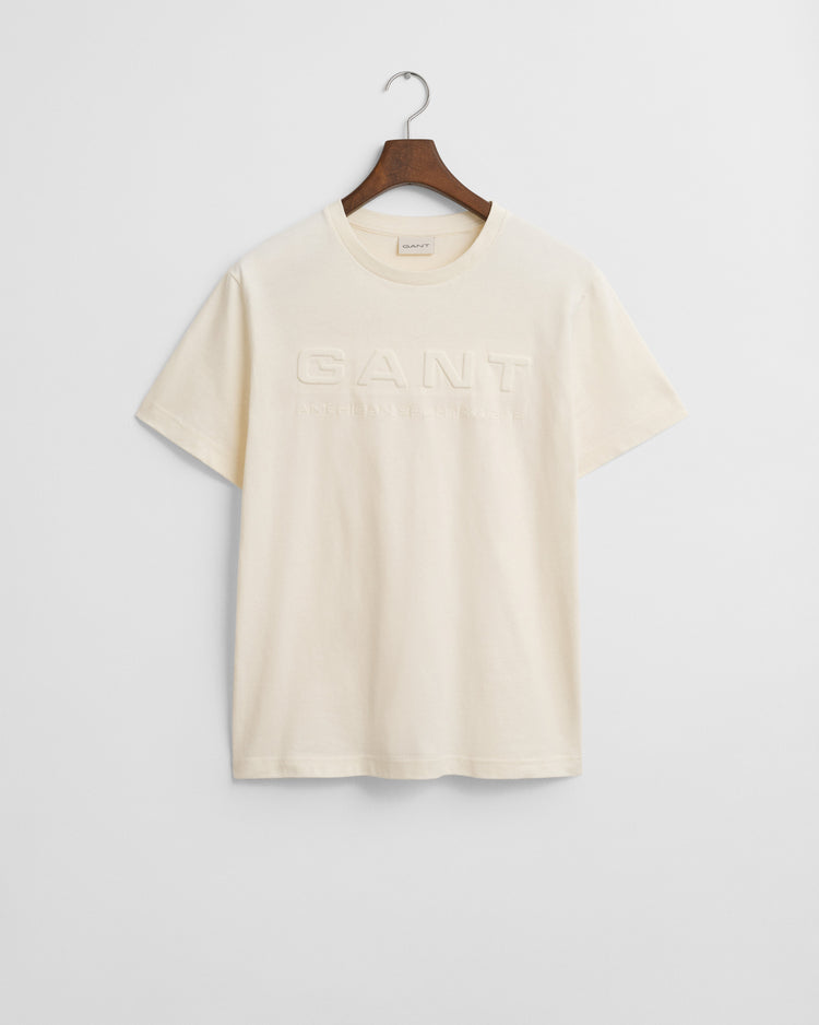 T-shirt męski z nadrukiem okrągły kołnierzyk regular fit kremowy