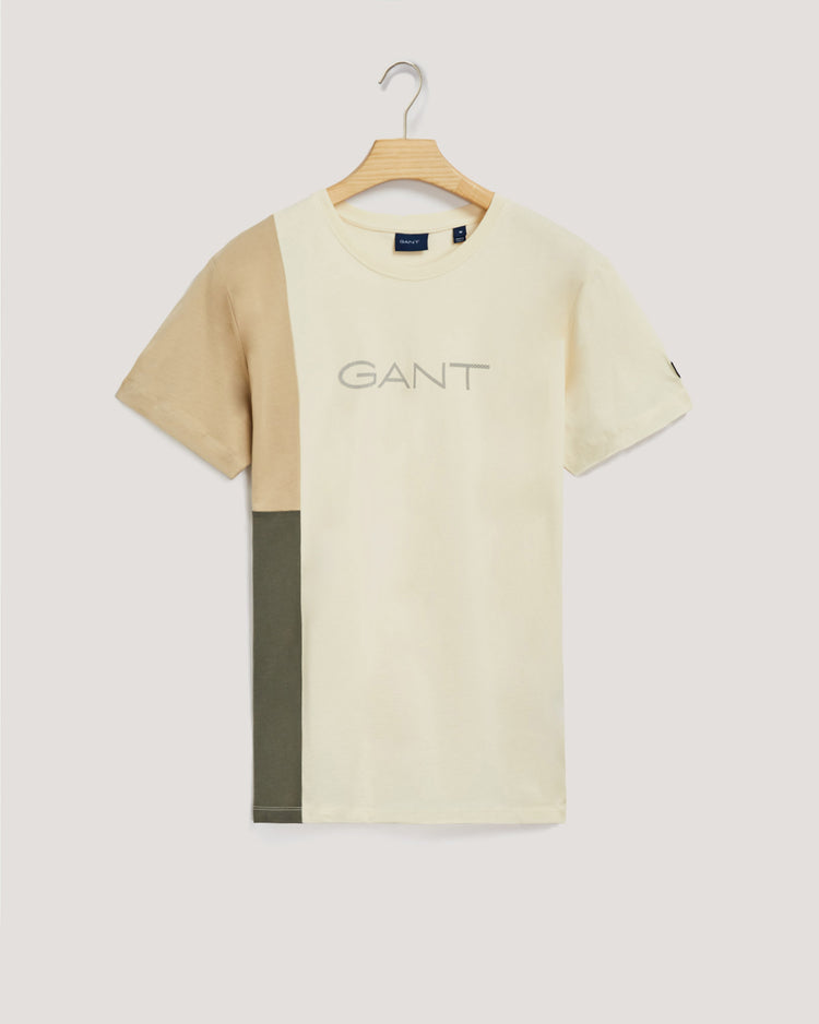 Bawełniany t-shirt męski z nadrukiem regular fit beżowy