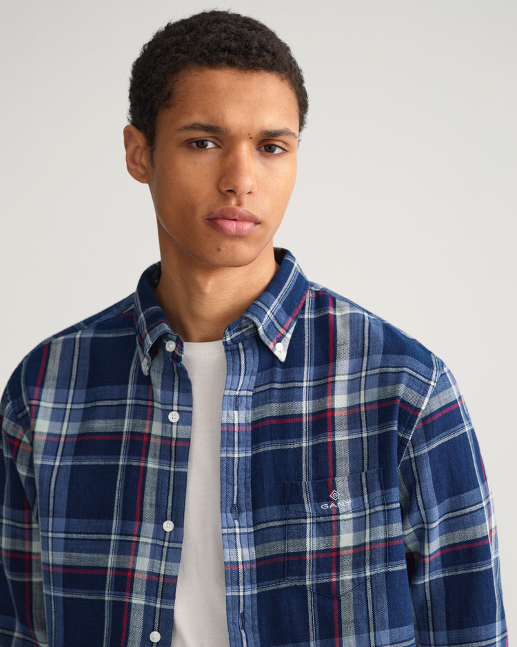 Męska granatowa koszula regular fit w kratę z kołnierzykiem button-down