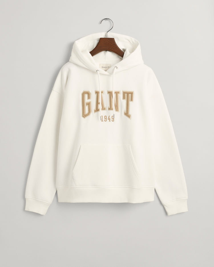 Bluza damska z nadrukiem z kapturem relaxed fit kremowa