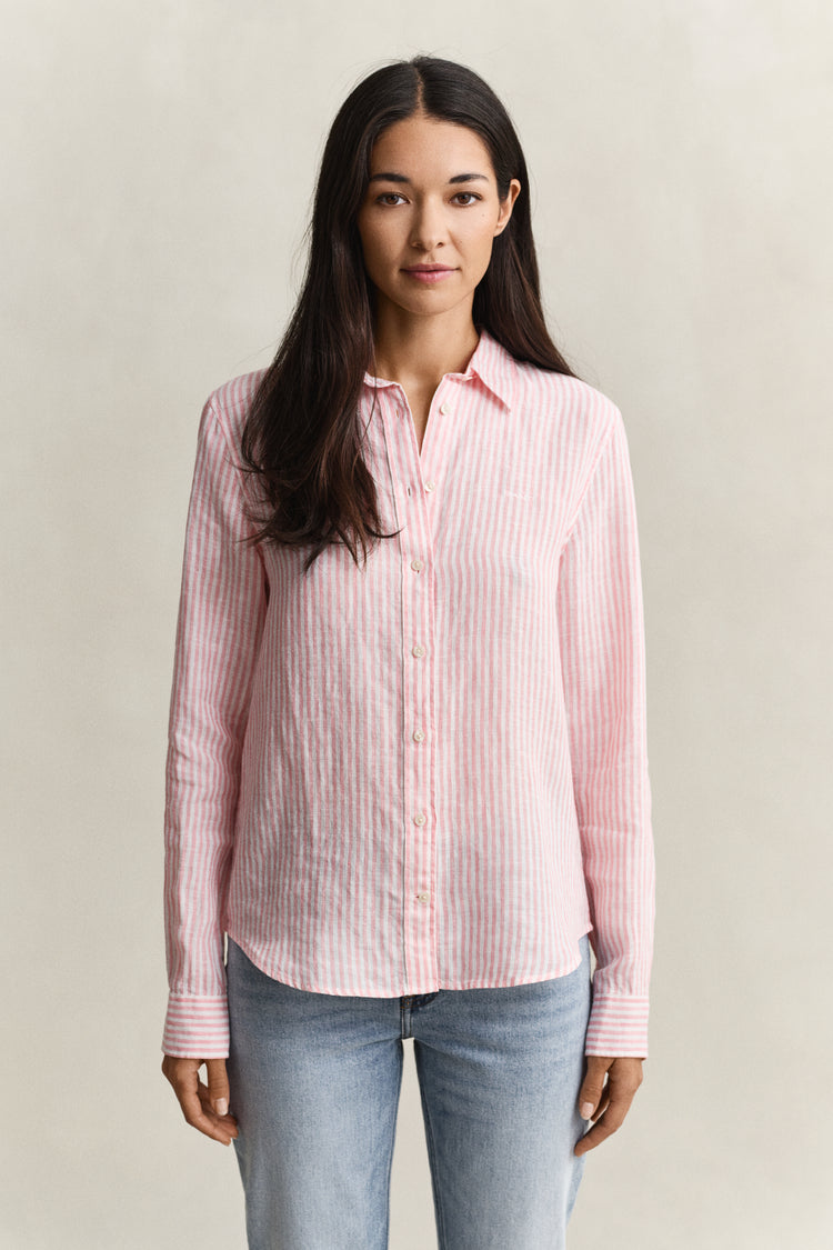 Lniana koszula damska w paski z długim rękawem regular fit różowa