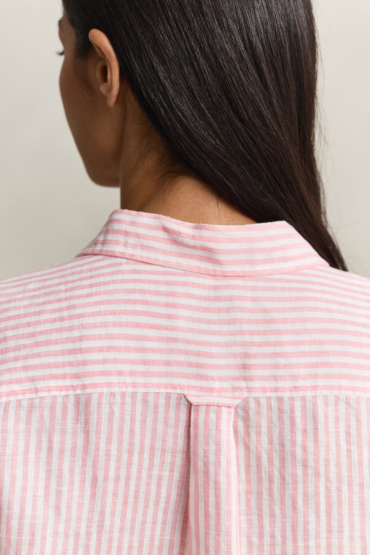 Lniana koszula damska w paski z długim rękawem regular fit różowa