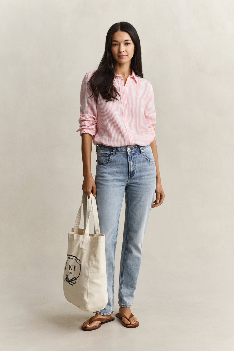 Lniana koszula damska w paski z długim rękawem regular fit różowa