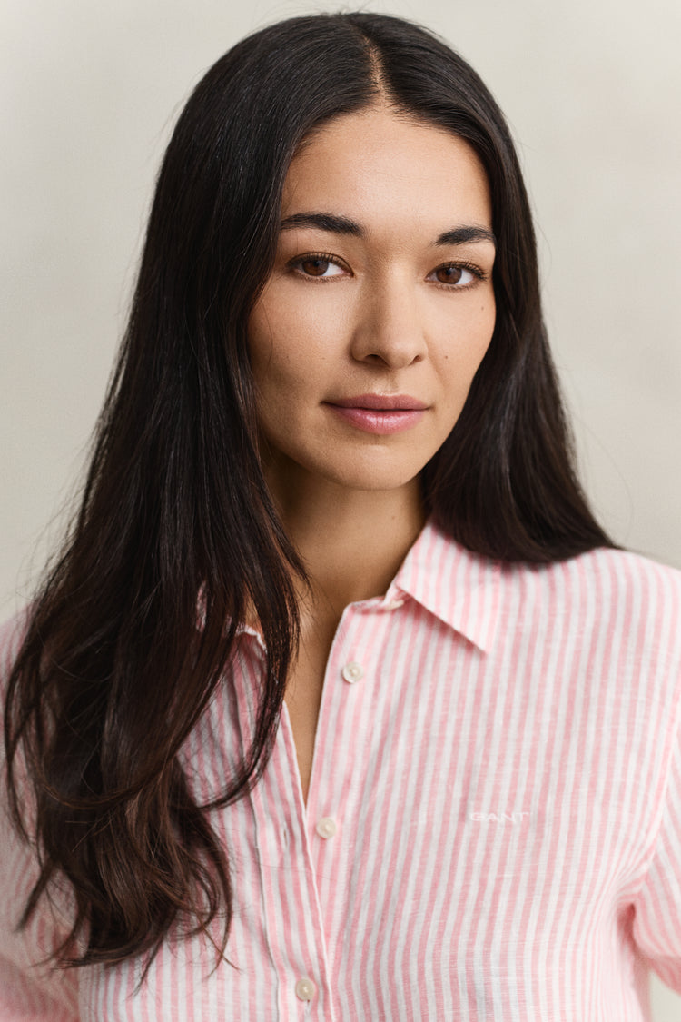 Lniana koszula damska w paski z długim rękawem regular fit różowa