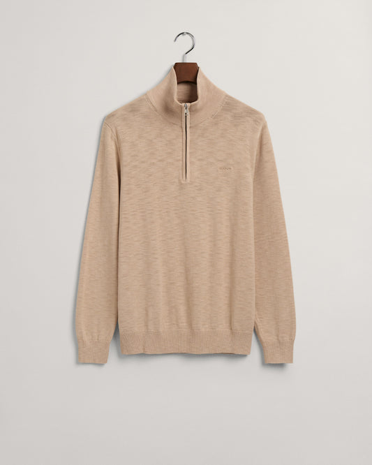 Bawełniany sweter męski z zamkiem do połowy regular fit beżowy