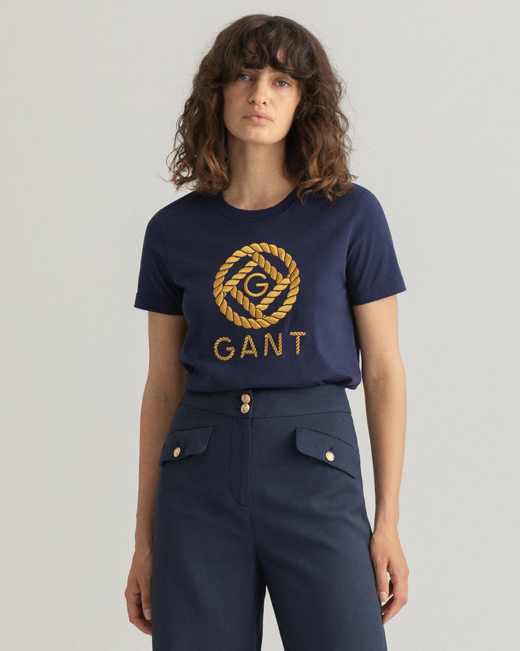 Damski granatowy t-shirt z okrągłym dekoltem o luźnym kroju z logo