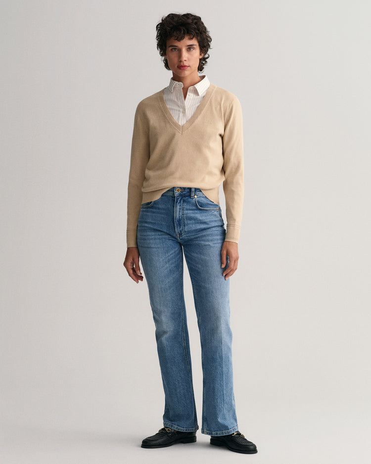 Bawełniany sweter damski z dekoltem V regular fit beżowy