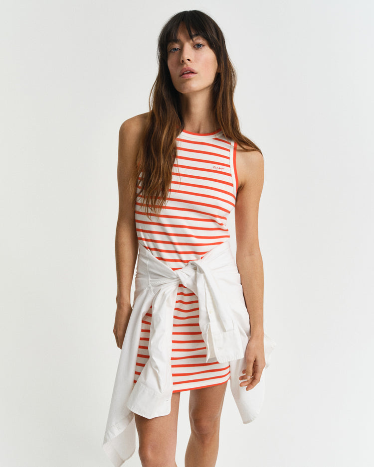 Sukienka damska w paski bez rękawów z okrągłym kołnierzykiem slim fit