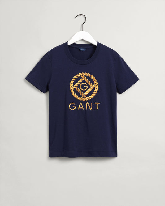 Damski granatowy t-shirt z okrągłym dekoltem o luźnym kroju z logo