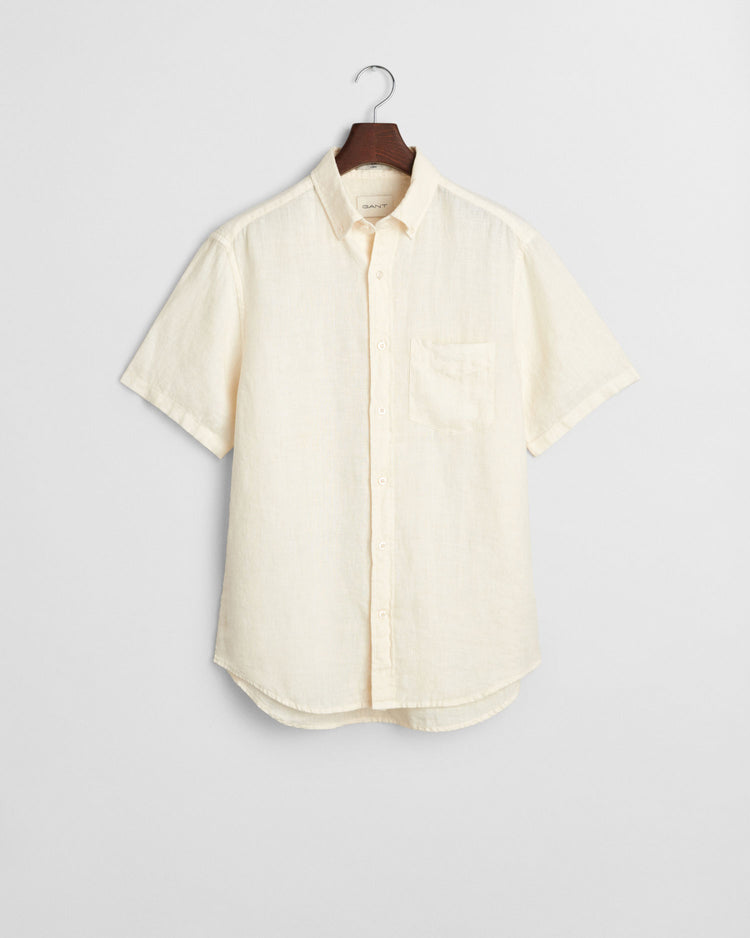 Męska beżowa lniana koszula regular fit z krótkim rękawem